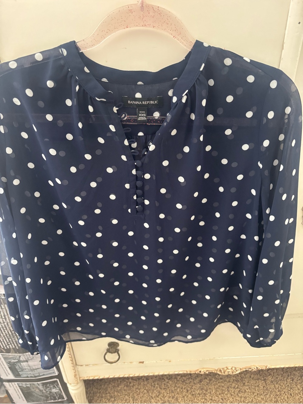 Banana Republic Navy and White Polka Dot Sheer Blouse